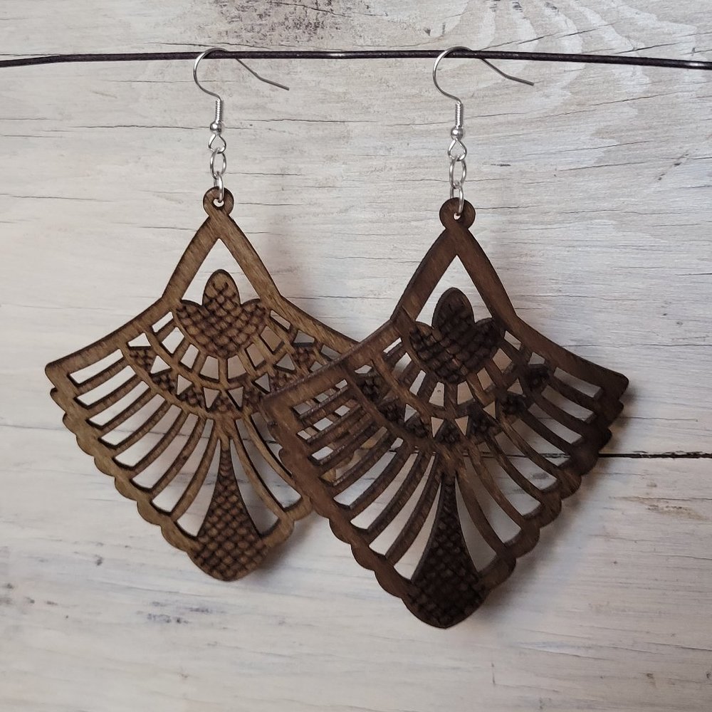 Wood Earrings - Light Brown Ornate Fan